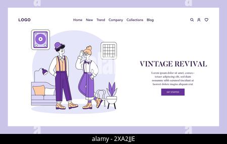 Vintage Revival concept. Two people evoke retro vibes dressed in period fashion, engaging web users with past aesthetics. Interior design elements create a classic scene. Vector illustration. Stock Vector