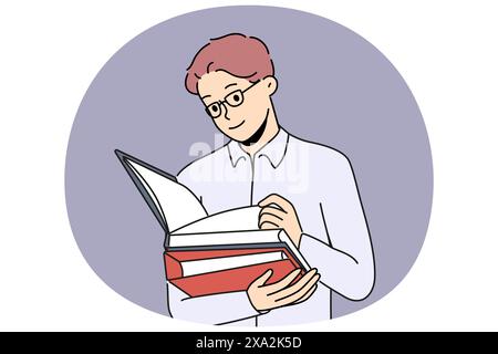 Business man with folders for documents works as lawyer in large corporation. Guy office worker with papers makes career as business auditor checking accounting statements of employer company Stock Vector