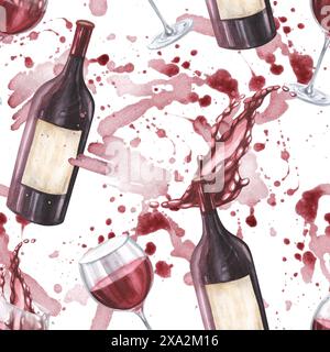 Bright watercolor wine bottle, purple grapes, splashes and stains seamless pattern. Hand drawn illustration, For fabric, textile, kitchenware. Stock Photo