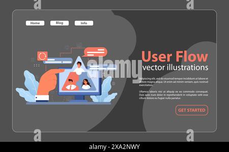 User Flow concept. Hand navigates digital pathway with diverse users, mapping out seamless interactions. Guided journey, interactive design, optimal user experience. Flat vector illustration Stock Vector