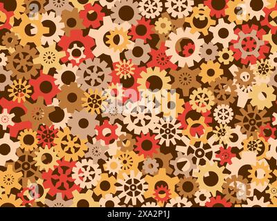Seamless pattern of gears in steampunk and atompunk style. Jagged details, geometric shapes. Design for wallpapers, banners and posters. Vector illust Stock Vector