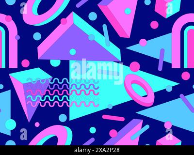 Memphis geometric seamless pattern with 3D shapes in 80s and 90s style. Isometric geometric 3D shapes. Colorful geometric background design for wrappe Stock Vector