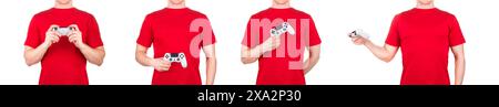 Man in red t-shirt holding video game joysticks gamepad on his palm isolated white background with clipping path. Concept of t shirt template or deliv Stock Photo