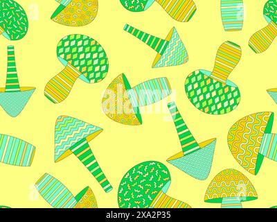 Mushrooms with geometric pattern and black outline. Mushrooms seamless pattern. Geometric figures of different shapes. Design for wallpapers, banners, Stock Vector