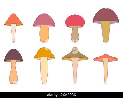 Mushrooms icon set isolated on white background. Mushrooms of different shapes with a black outline. Mushrooms in a minimalist style. Collection of ic Stock Vector