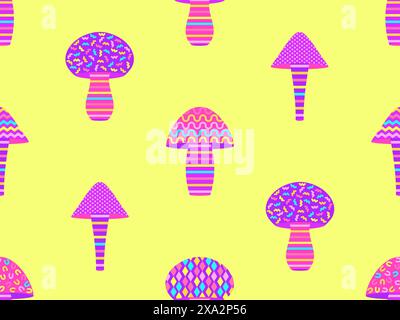 Mushrooms with geometric pattern and black outline. Mushrooms seamless pattern. Geometric figures of different shapes. Design for wallpapers, banners, Stock Vector