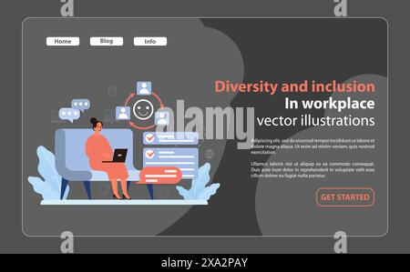Modern virtual workspace dynamics. Woman on laptop efficiently coordinating with diverse team members, underscoring the essence of diversity and inclusivity in today's digital work era. Flat vector Stock Vector