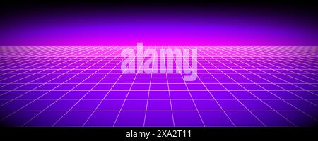 Glowing neon wireframe background. Purple shining checkered grid planes in perspective. Bright retro futuristic horizon wallpaper. Arcade game sci fi matrix surface. Vector backdrop for poster, banner Stock Vector