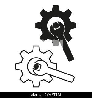 Vector gears with wrenches in black and white. Settings and maintenance icons. Stock Vector