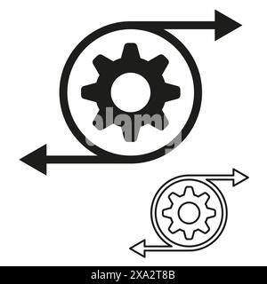 Gear rotation icon. Arrows around gear. Black and white. Vector illustration. Stock Vector