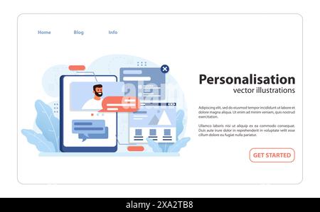 Personalisation concept. Custom user experience on digital tablet. Chat bubbles, webpage layouts. Tailored content for individual. Flat vector illustration Stock Vector