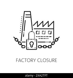 Factory closure icon, economic crisis and money loss, downturn and bankruptcy symbol. Linear vector sign of plant, industrial building, factory with large lock and chain, indicating industry shutdown Stock Vector