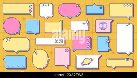 Retro Memphis speech bubbles in 80s style. Vector set of dialogue balloons in array of shapes and sizes, with playful symbols like hearts, stars and planets. Pink, blue, yellow text boxes on grid page Stock Vector