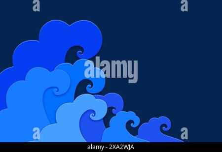 Night paper cut sea waves. Isolated 3d vector stylized, layered blue waves with papercut effect on dark backdrop. Ocean storm, tsunami, surf splash ripples, minimalist artistic marine composition Stock Vector