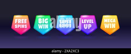 Casino game asset. Vector set of vibrant, glowing pop up reward icons or buttons, free spins, big win, super bonus, level up and mega win. Winner prizes in red, green, blue, yellow and purple colors Stock Vector