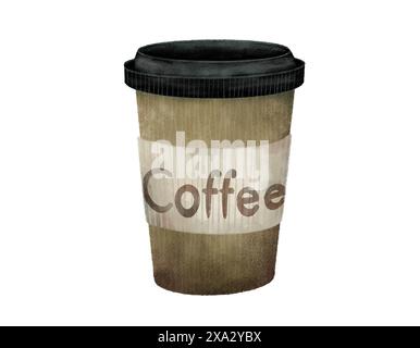 Stylized illustration of a disposable coffee cup with a lid, representing a trendy and modern lifestyle. Isolated object on a white background for the design of a booklet, flyer, e-pack, label or advertisement. Digital art in watercolor style. Stock Photo