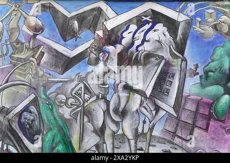 Graffiti on the Berlin Wall in the East Side Gallery, Berlin, Germany, Europe, Surrealist mural with various abstract figures and geometric shapes in Stock Photo