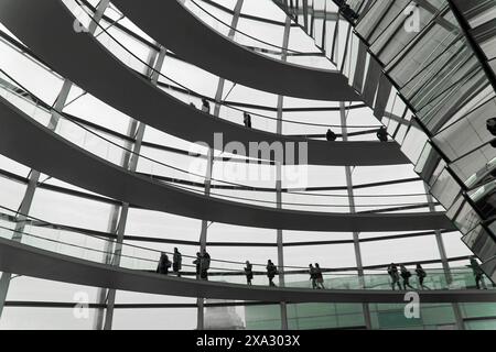The dome of the Reichstag in Berlin. The architect Sir Norman Foster designed the steel and glass structure. Berlin, Berlin, Germany, Europe, people Stock Photo