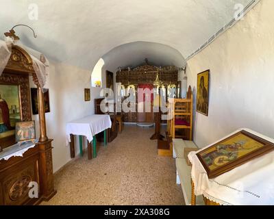 Interior of small modern Greek Orthodox church Chapel of Agia Ekaterini on the site of the ruins of the historic fortress Fortetza Fortezza of Stock Photo