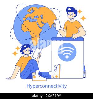 Hyperconnectivity concept. Two individuals using gadgets with a global network backdrop. Digital communication and internet connectivity themes. Vector illustration. Stock Vector