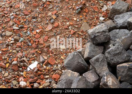 Brick construction rubble with paving stones Stock Photo