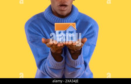 Big house in hand on blue background.  trying to find an affordable house to buy or rent concept Stock Photo