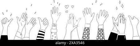 Doodle sketch hands up gestures comic icons silhouettes vector set. Group of line art fun comic hands in the air. Voting or happy congratulation audie Stock Vector