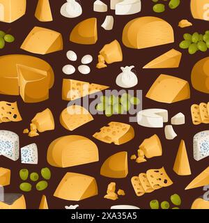 Bright pattern of different types of cheeses and fruits. Appetizers, snacks for wine. Vector illustration in realistic style Stock Vector