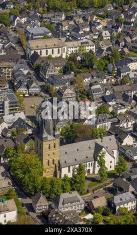 Aerial view, town center, St. Peter and Andrew's Catholic Church with view of the market square and outdoor restaurant, half-timbered houses with Rest Stock Photo