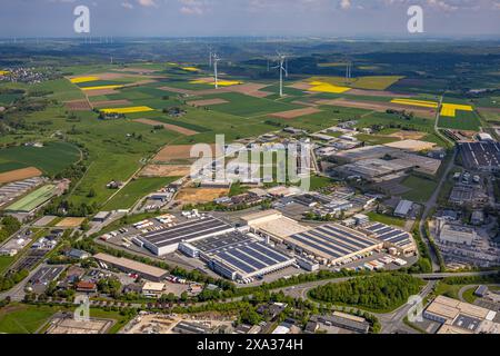 Aerial view, industrial estate Hinterm Gallberg and Nehdener Weg, with fallow land, river meander Hunderbecke on the left, meadows and fields and wind Stock Photo