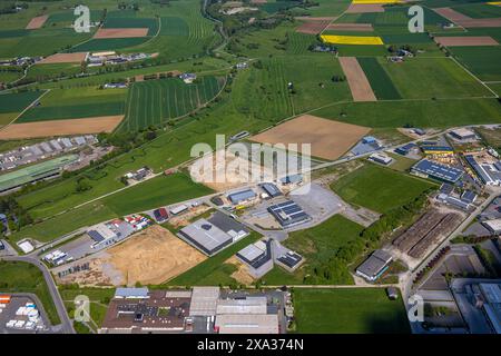 Aerial view, industrial estate Hinterm Gallberg and Nehdener Weg, with fallow land, river meander Hunderbecke, meadows and fields, Brilon, Sauerland, Stock Photo