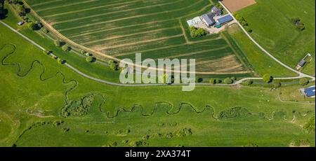 Aerial photograph, Hunderbecke river meander, natural landscape, Bernd Hilkenbach farm, Brilon, Sauerland, North Rhine-Westphalia, Germany Stock Photo