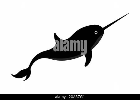 Black silhouette of a narwhal isolated on a white background. Concept of marine animal illustration, minimalist narwhal design. Print, icon, logo, tem Stock Vector