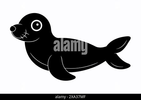 Black silhouette of a seal isolated on a white background. Concept of marine animal illustration, minimalist style, cute baby seal. Print, icon, logo, Stock Vector