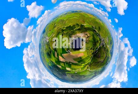 Aerial view, lake in the mountain, circular quarry lake in the Mühlenberg nature reserve, diving water consisting only of rainwater, diver during trai Stock Photo