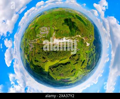 Aerial view, residential area, view of Messinghausen district with Rheinkalk GmbH Messinghausen plant, surrounded by forest and meadows, globe, fishey Stock Photo