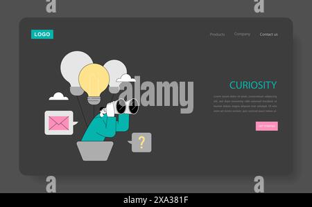 Soft Skills concept. Exploration and creativity in business through a character using binoculars to find ideas symbolized by light bulbs. Vector illustration. Stock Vector