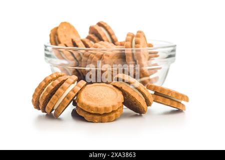Sandwich Cookies with a cream filling isolated on a white background. Stock Photo