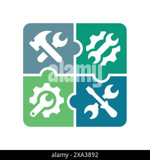 Setup and settings logo puzzle icon. Repair shop service with screwdriver, hammer and wrench. Stock Vector