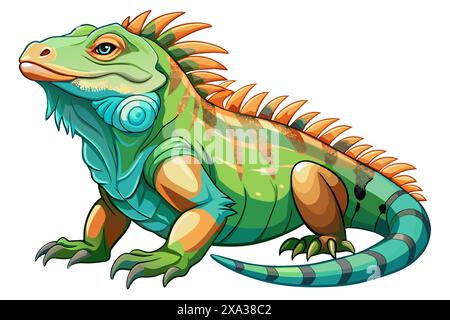 Vibrant green iguana with orange and blue stripes isolated on a white background. Concept of wild animal illustration, cute reptile, and minimalist st Stock Vector