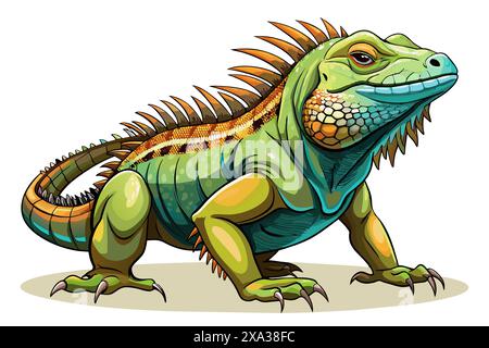 Vibrant green iguana with orange and blue stripes isolated on a white background. Concept of wild animal illustration, cute reptile, and minimalist st Stock Vector