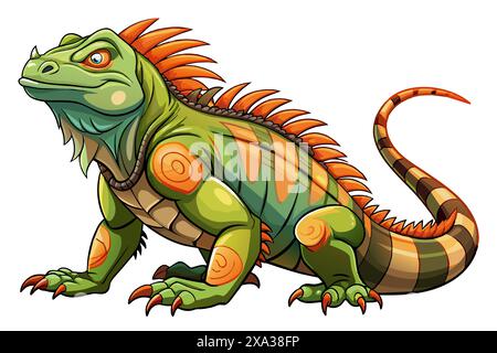 Vibrant green iguana with orange and blue stripes isolated on a white background. Concept of wild animal illustration, cute reptile, and minimalist st Stock Vector