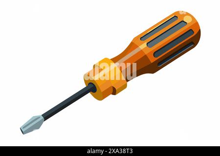 Screwdriver isolated on white background. Illustration of a classic tool with an orange handle and gray tip. Concept of hardware, DIY, handyman, maint Stock Vector