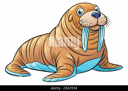 Cute cartoon walrus isolated on white background. Illustration of a smiling walrus with large tusks. Concept of marine life, wild animals, and adorabl Stock Vector