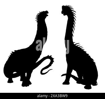 Black silhouette of gigantic herbivorous dinosaur. Giraffatitan and Argentinosaurus. Art illustration. Stock Photo