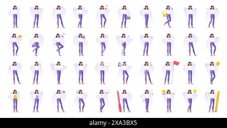 Set of vector illustrations flat cartoon female manager character design with various objects doing creative activities during work in office Stock Vector