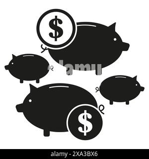 Piggy banks with coins. Saving money. Financial symbols. Vector icons. Stock Vector