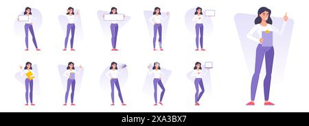 Set of modern women working on project vector illustrations. Flat cartoon character female managers with various objects doing various creative activi Stock Vector