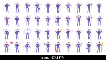 Set of vector illustrations modern entrepreneurs businessman character design in blue formal wear doing various business activities while achieving su Stock Vector