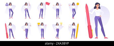 Set of modern women working on project vector illustrations. Flat cartoon character female managers with various objects doing various creative activi Stock Vector